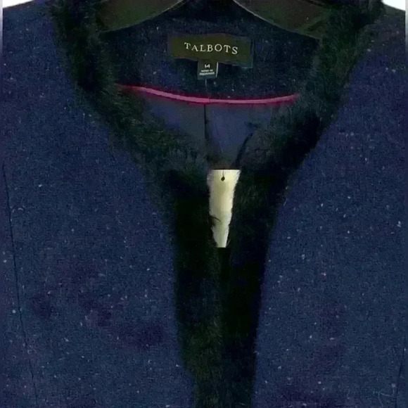 Talbots Navy Blue Wool Knit Blend Black Faux-Fur Trim Shetland Jacket Si… - Picture 9 of 16